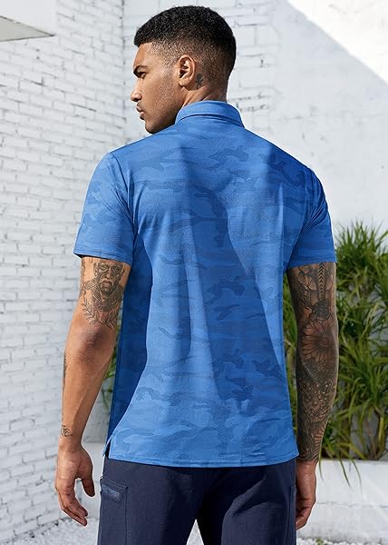 DERMINPRO MEN’S CAMOUFLAGE POLOS SHORT SLEEVE QUICK DRY COLLARED GOLF SHIRTS BLUE CAMO SMALL