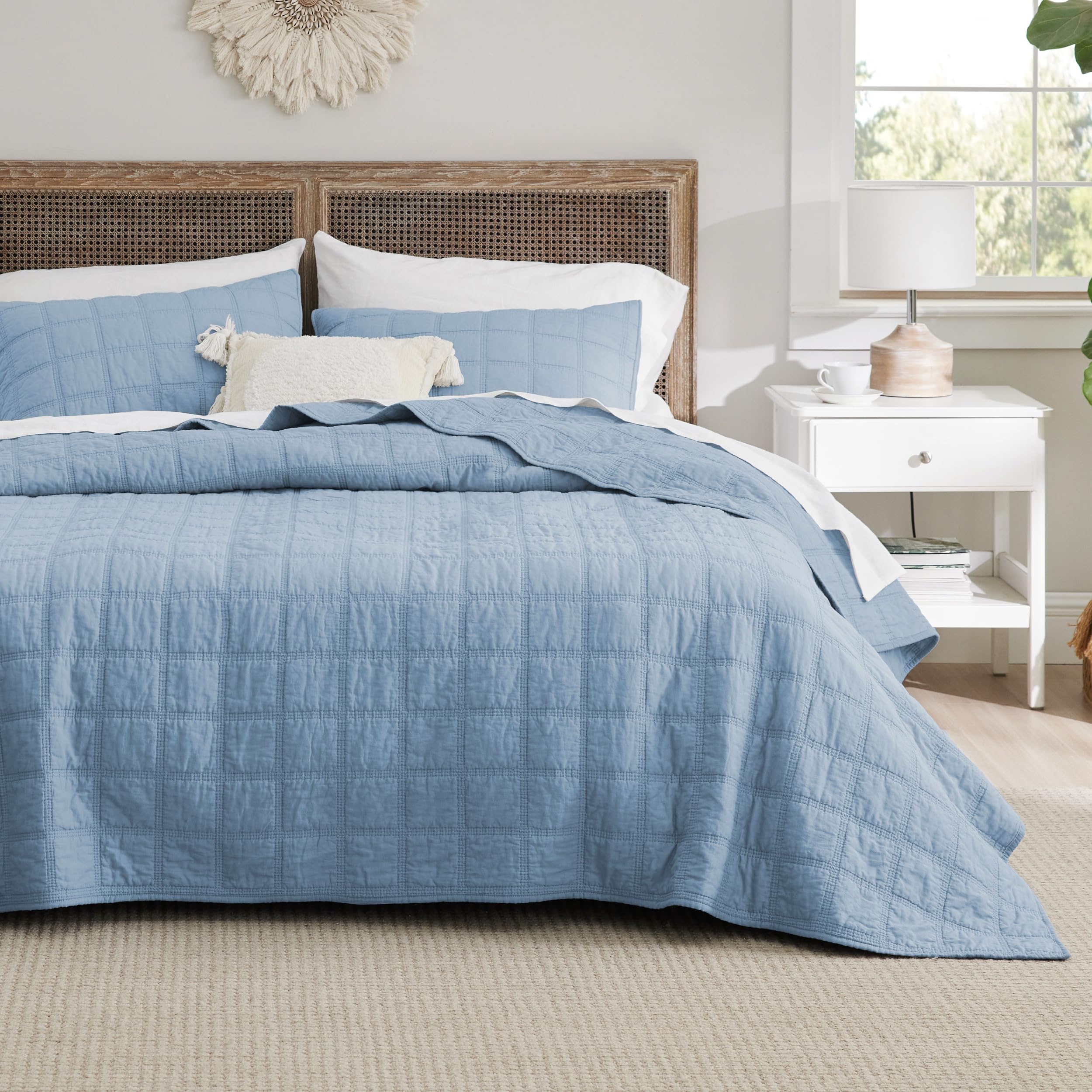 Photo 1 of Bedsure 100% Cotton Quilt Set, Queen Size Bedspread, Mineral Blue Lightweight Soft Bed Coverlet, 3-Piece Cozy Stitching Quilt Set with 2 Pillow Shams in Geometric Pattern for All Season, 90x96 inches