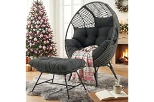 NICESOUL Patio Egg Chair with Ottoman, Indoor Outdoor Egg-Shell Lounge Chair, Cozy Oversized Round Circle Chair, 440lbs Boho Rattan Egg-Shaped Papasan w/Cushion for Living Room, Exterior, Porch, Gray