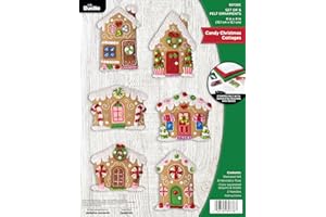 Bucilla, Felt Applique 6 Piece Ornament Making Kit, Candy Christmas Cottages, Perfect for DIY Arts and Crafts
