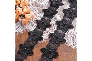 DHFLYDH Black Lace Trim Flower Applique 4 Yards Vintage Embroidered Trim for Wedding Dresses, Black Lace Applique, DIY Costumes, Gowns, Home Decor Curtains & Sewing Embellishment