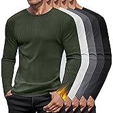 Baggyfly 5 Pack Men's Cotton Thermal Shirts Long Sleeve Ribbed Tops Crew Neck Slim Fit Sweater Casual Pullover Undershirts