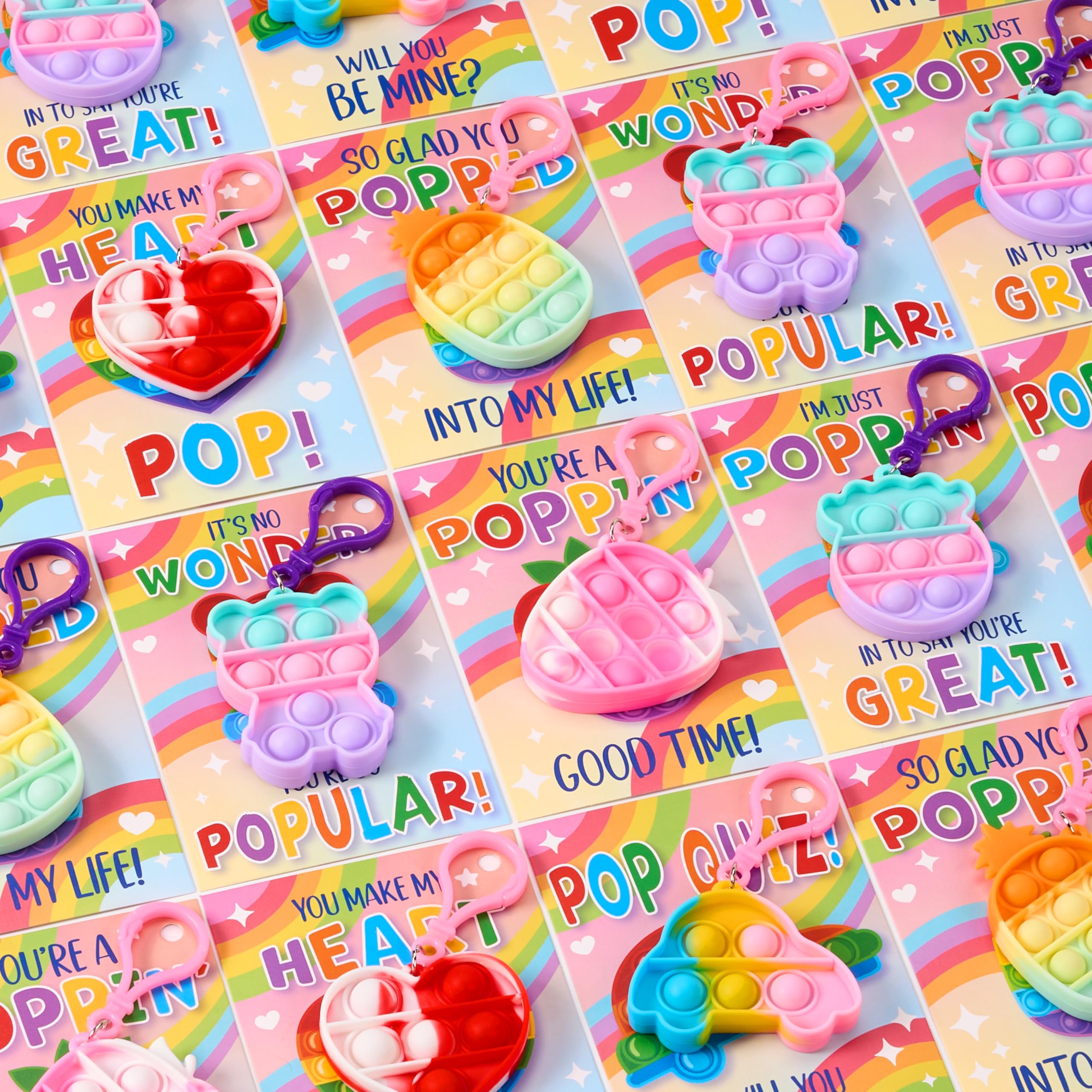Photo 1 of ***MISSING PIECES -SELLING AS IS ***JOYIN 30 Packs Valentine‘s Day Gift Cards with 12 ONLY Pop Bubble Keychains, 6 Designs Mini Colored Pop, Multi-Shape Stress Relief Fidget Toys for Kids Valentine's Party Favors and Classroom Gift Exchange