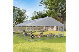 Erinnyees 13'x13' Outdoor Dog Kennel with Roof, Dog Kennel Outside with Rotated Dog Bowls, Large Dog House Pen Enclosure with Secure Lock, Wateproof Sunproof Cover