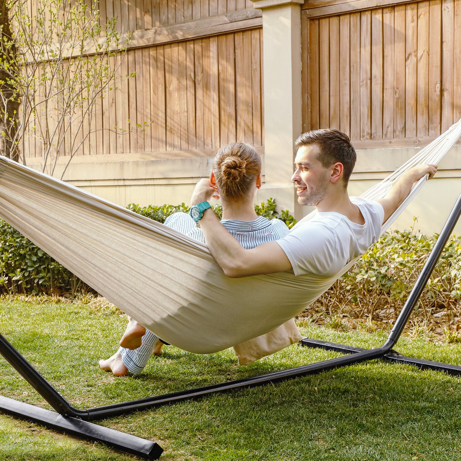 SONGMICS Cotton Hammock Swing Bed for Patio, Porch, Garden or Backyard Lounging - Heavy-Duty, Lightweight and Portable - Indoor Outdoor - Natural White UGDC15M