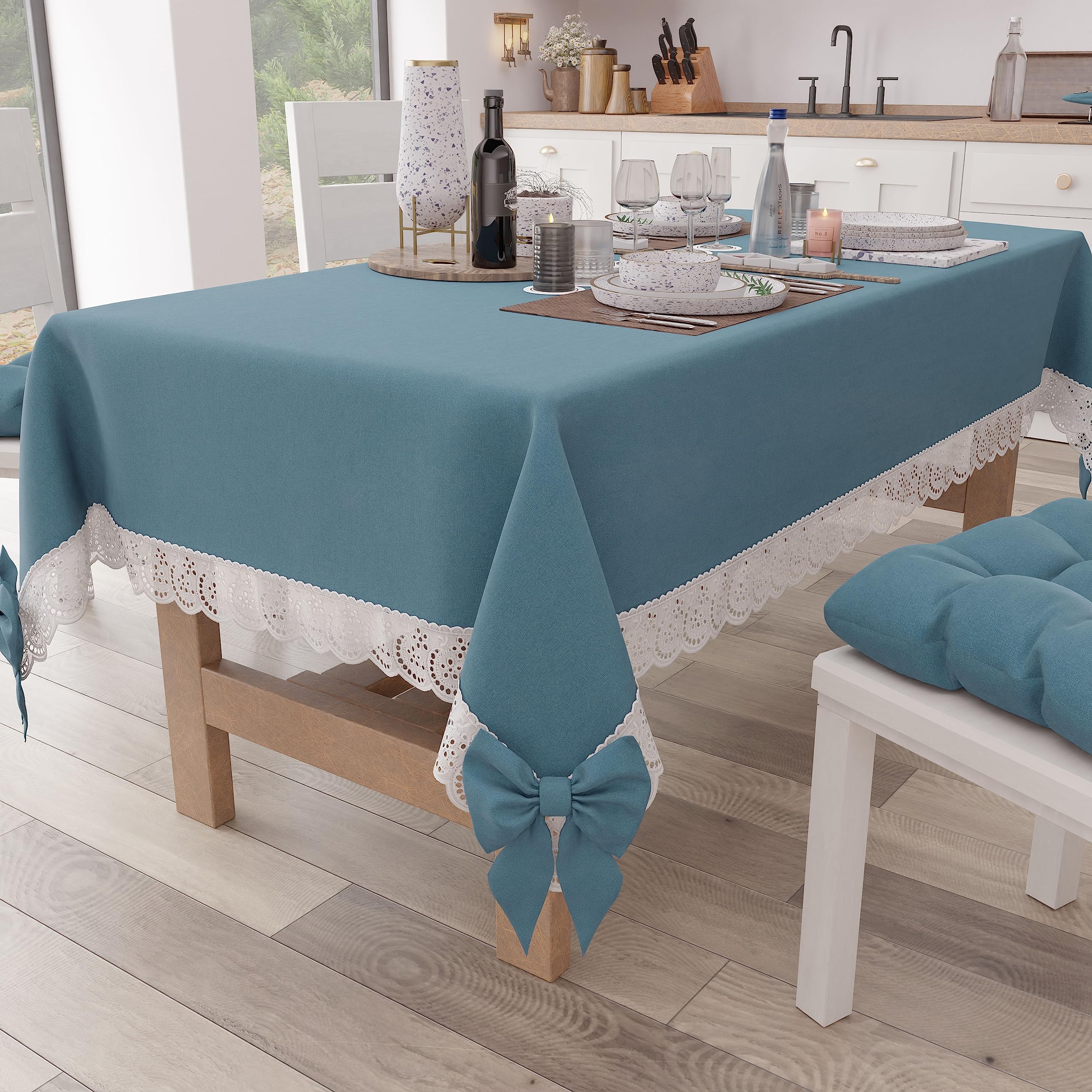 PETTI Artigiani Italiani Elegant Rectangular Cotton Tablecloth for Kitchen Living Room with Lace Frill and Bows Plain 12 Seater (140 x 240 cm) Avion