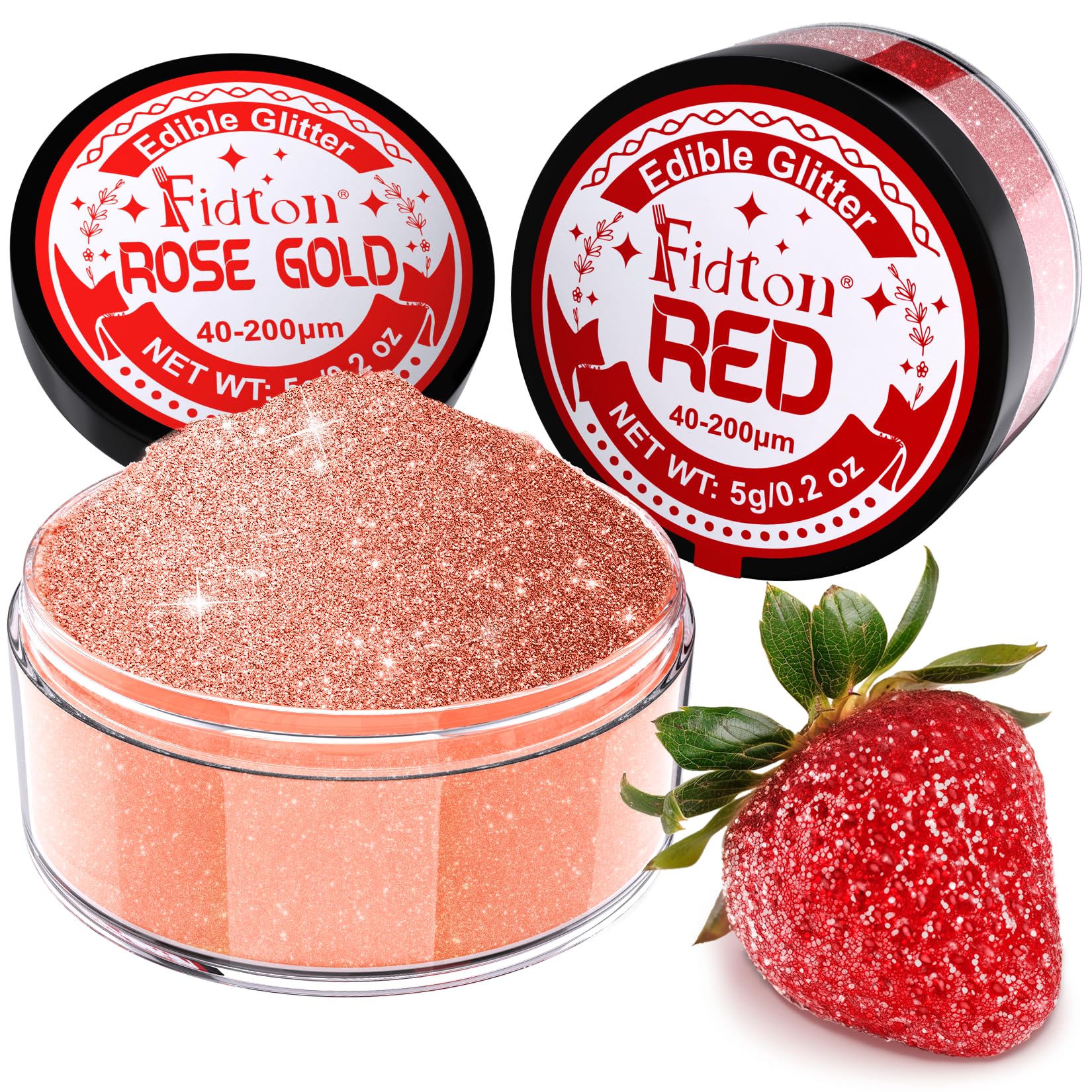 Edible Glitter for Drinks - Fidton 2 Colours Sparkling Edible Cake Decorations Set, Cake Glitter for Bakery, Fondant, Drink Glitter for Cocktail, Edible Lustre Dust Rose Gold & Red - 5 g/each