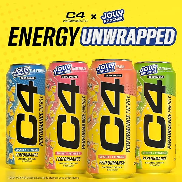C4 PERFORMANCE ENERGY DRINK, JOLLY RANCHER VARIETY PACK, ZERO SUGAR CARBONATED PREWORKOUT ENERGY, 200MG CAFFEINE WITH BETA ALANINE, 16 FL OZ (12 PACK)