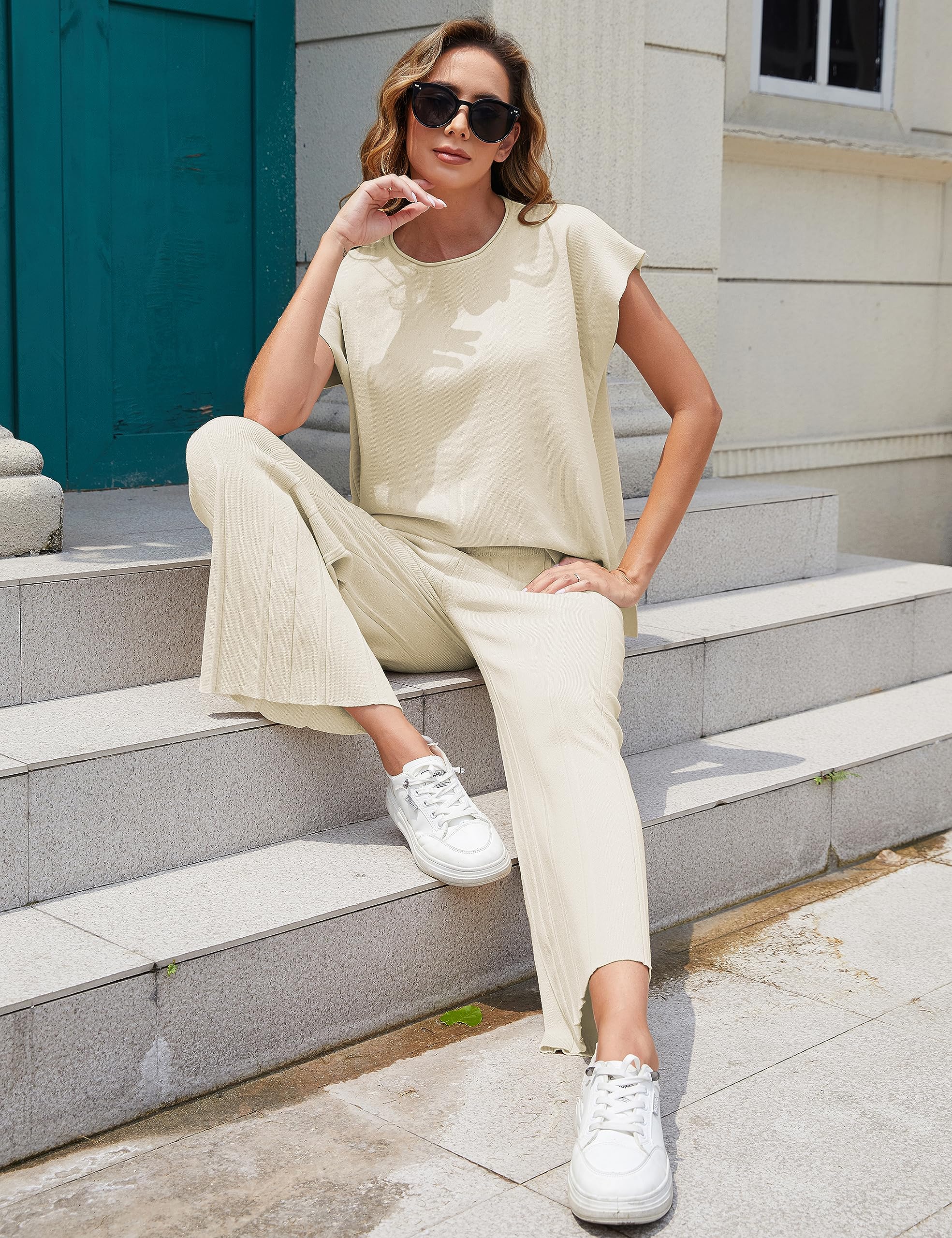 Tanming Women's 2 Piece Outfits Sweater Set Knit Pullover Tops High Waisted Pants Sweatsuits Lounge Set