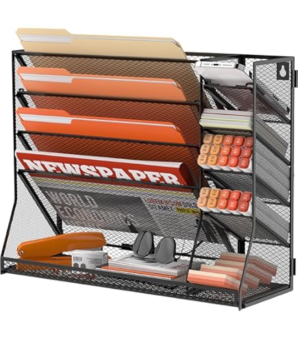 Tumis Wall File Holder 5 Pocket Mesh Hanging Wall Organizer Vertical Hanging File Folder Holder Magazine Rack Nametag Label Mail Paper Organization B