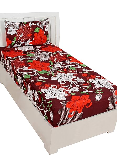 BSB Trendz Aura 3D Print Microfiber Wrinkle, Fade Resistant, Easy Elastic Fitting Single Size Soft 1-Piece Bed Sheet Set, Fitted Sheet with 1 Pillow Cases-Brown & Red