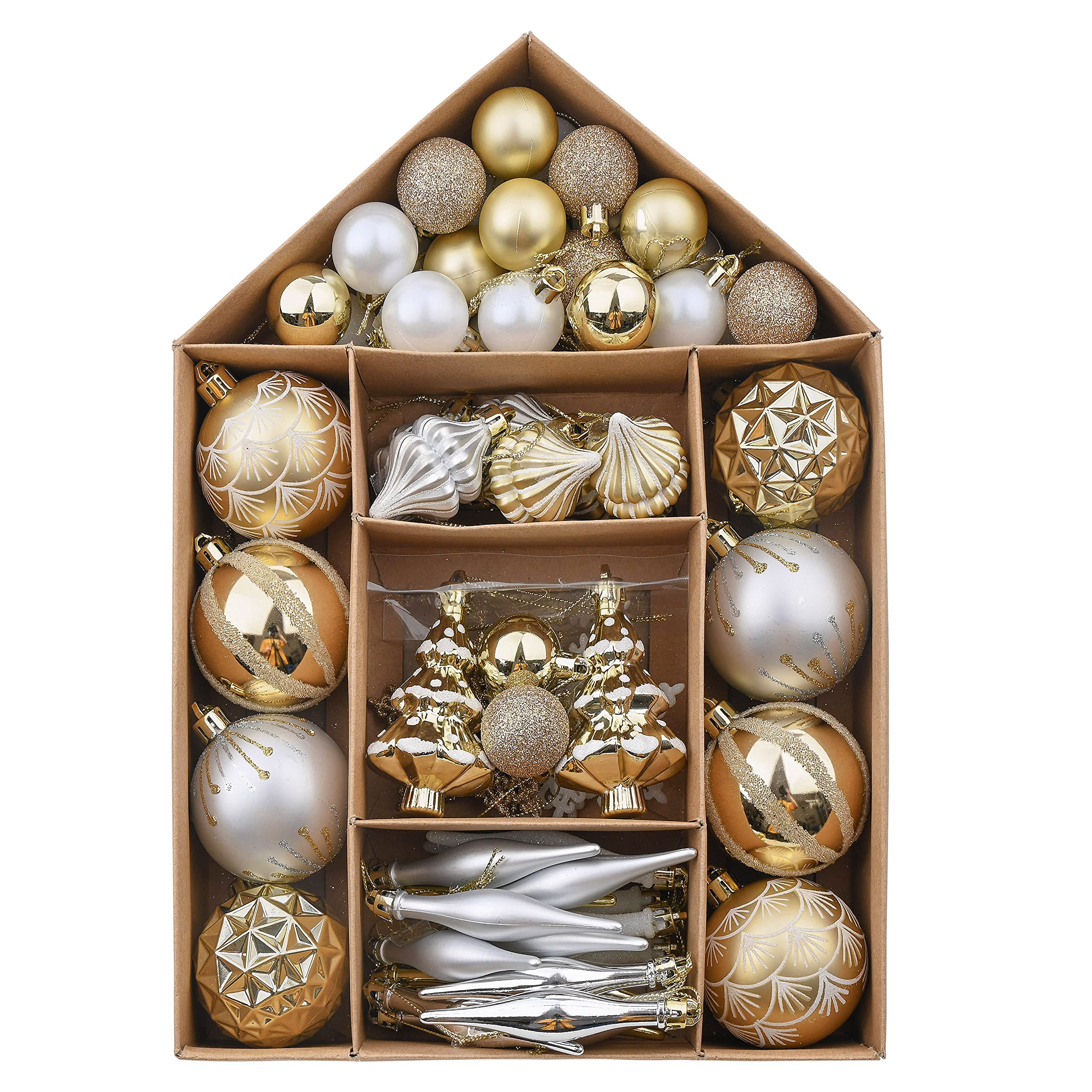 Valery Madelyn Christmas Tree Decorations - Gold & White Shatterproof Baubles Set, 70pcs (3-9cm) for Xmas Tree Ornaments