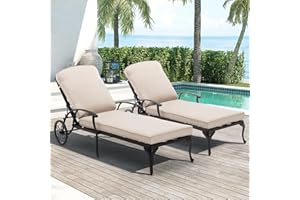 Villeston Chaise Lounge Chair Outdoor- Set of 2 Patio Pool Chairs Tanning Lounges for Outside Beach Lounger Reclining Cast Aluminum with Beige Cushions