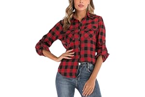 Enjoyoself Womens Casual Roll up Long Sleeve Boyfriend Plaid Button Down Flannel Check Shirt