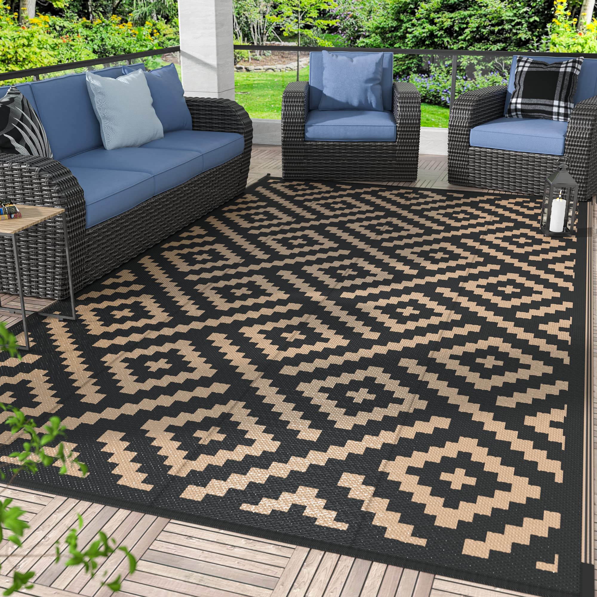 Photo 1 of **REFERENCE IMAGE GENIMO Outdoor Rugs 6x9  Waterproof, Reversible Mats, Area Plastic Straw Rug, Outside Carpet, Geometric Rv Mat for Patio Camping Rv Picnic Backyard Deck Balcony Porch Beach Trailer (Black & Brown)