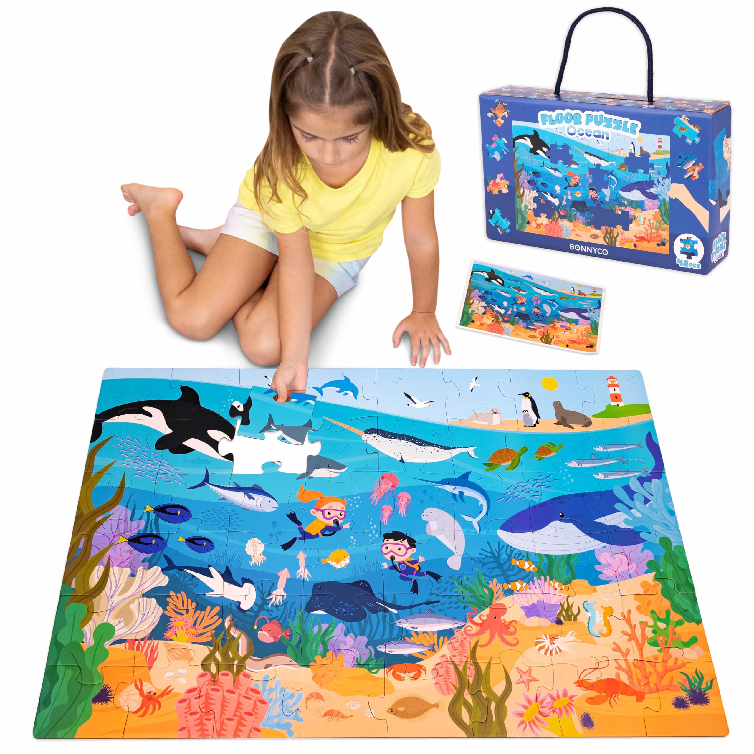 BONNYCO Giant Floor Puzzles for Kids of Sea Animals with 48 Large Pieces. Jumbo Puzzle 36.2 x 24.4 in, Gifts for Boys and Girls, Educational Kids Toys Ages 2-8