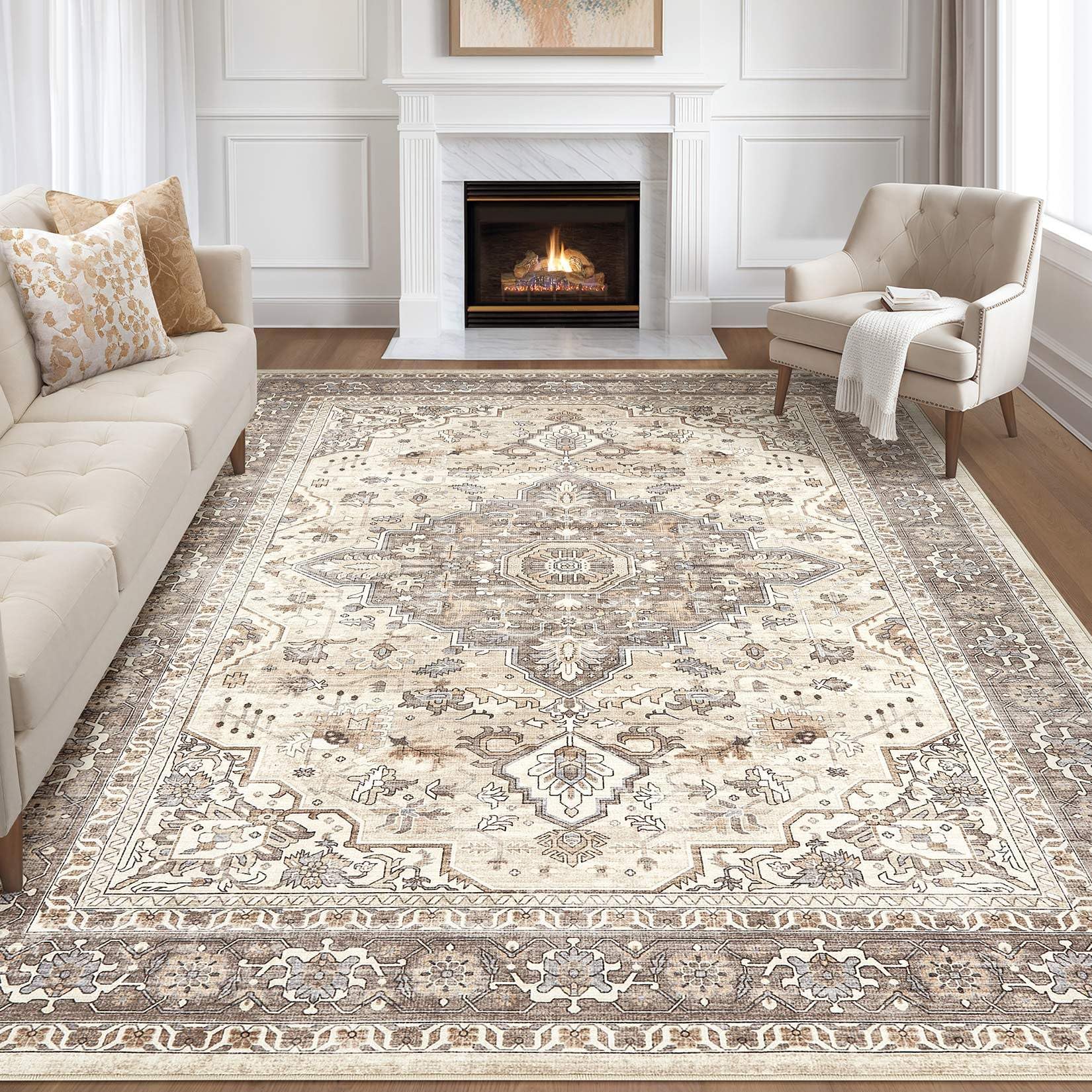 Photo 1 of 12x15 Area Rug Living Room: Washable Boho Large Neutral Vintage Soft Rugs Stain Resistant Farmhouse Non Slip Indoor Floor Carpet for Bedroom Nursery Kids Playroom Office Dining Room Home Decor- Brown