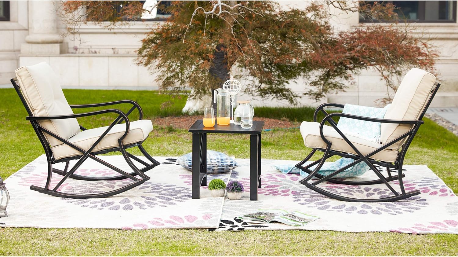 LOKATSE HOME 3 Piece Patio Outdoor Rocking Chair Bistro Sets with Coffee Table, Khaki: Garden & Outdoor