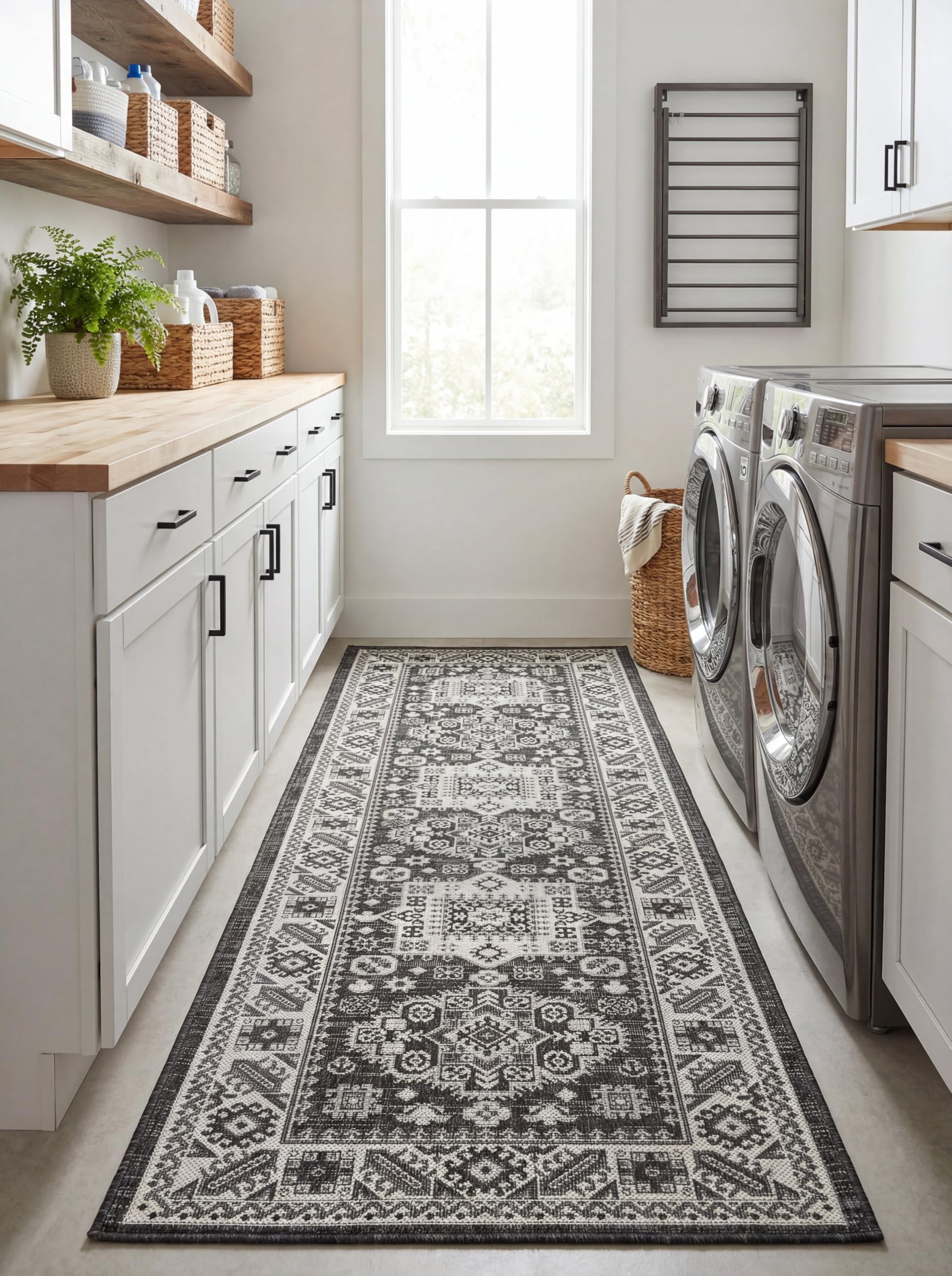 Rugs.com Outdoor Aztec Collection Rug – 12 Ft Runner Charcoal Gray Flatweave Rug Perfect for Hallways, Entryways Image