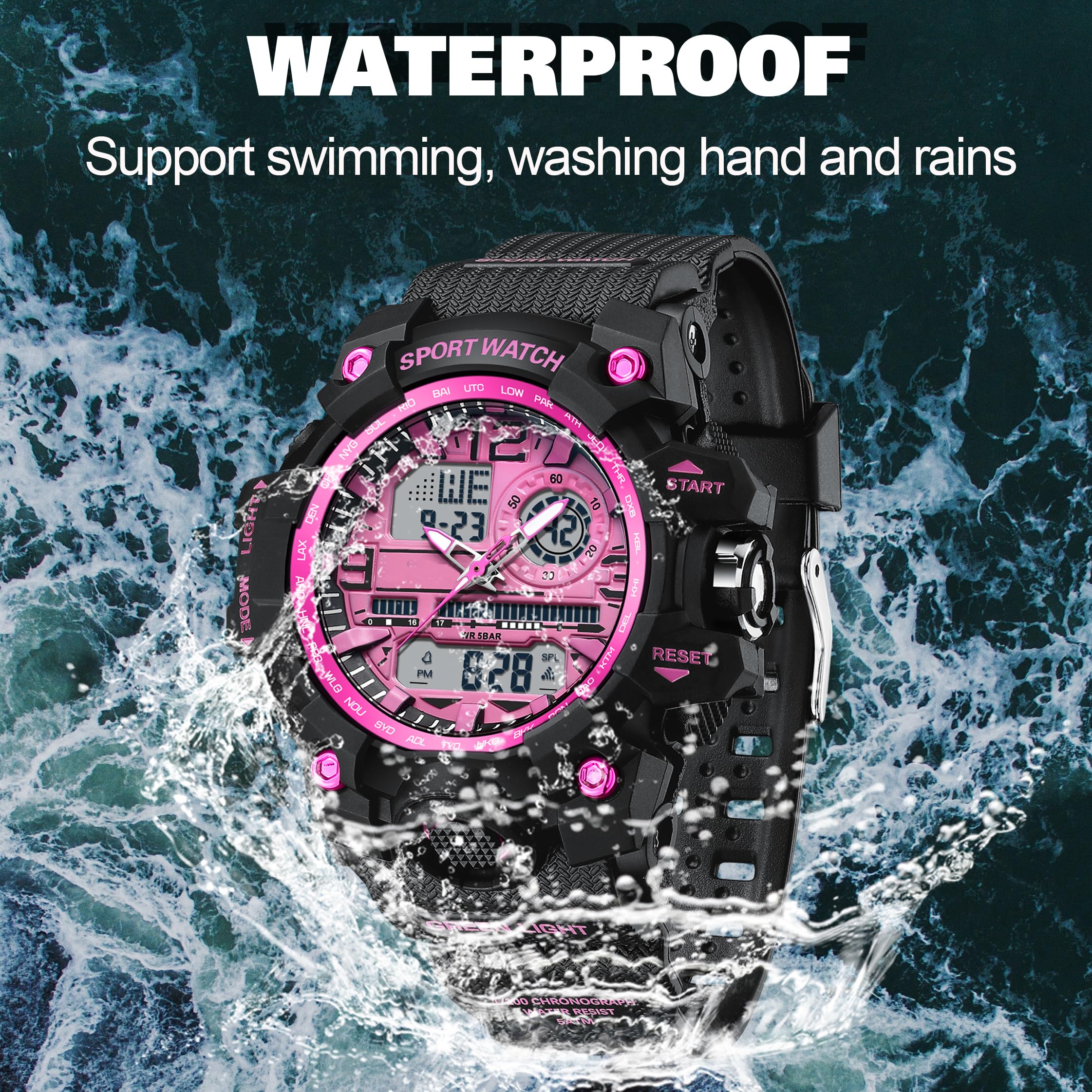 findtime Women's Sport Watch Digital Waterproof Watches Military Watches Analog Outdoor Wrist Watch LED Luminous Alarm Stopwatch Dual Time Wristwatch