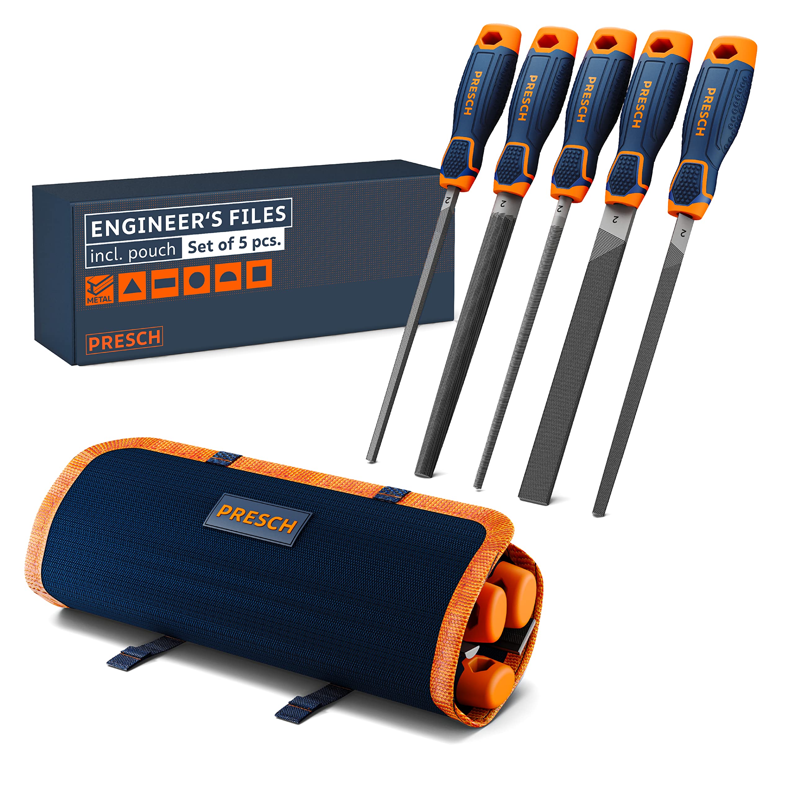 Presch File Set 5 pcs with Bag - High Quality Metal File Set incl. Flat File, Half Round File, Round File, Triangular File and Square File - Professional Metal File Set for Steel - Metal Files Set — image 1