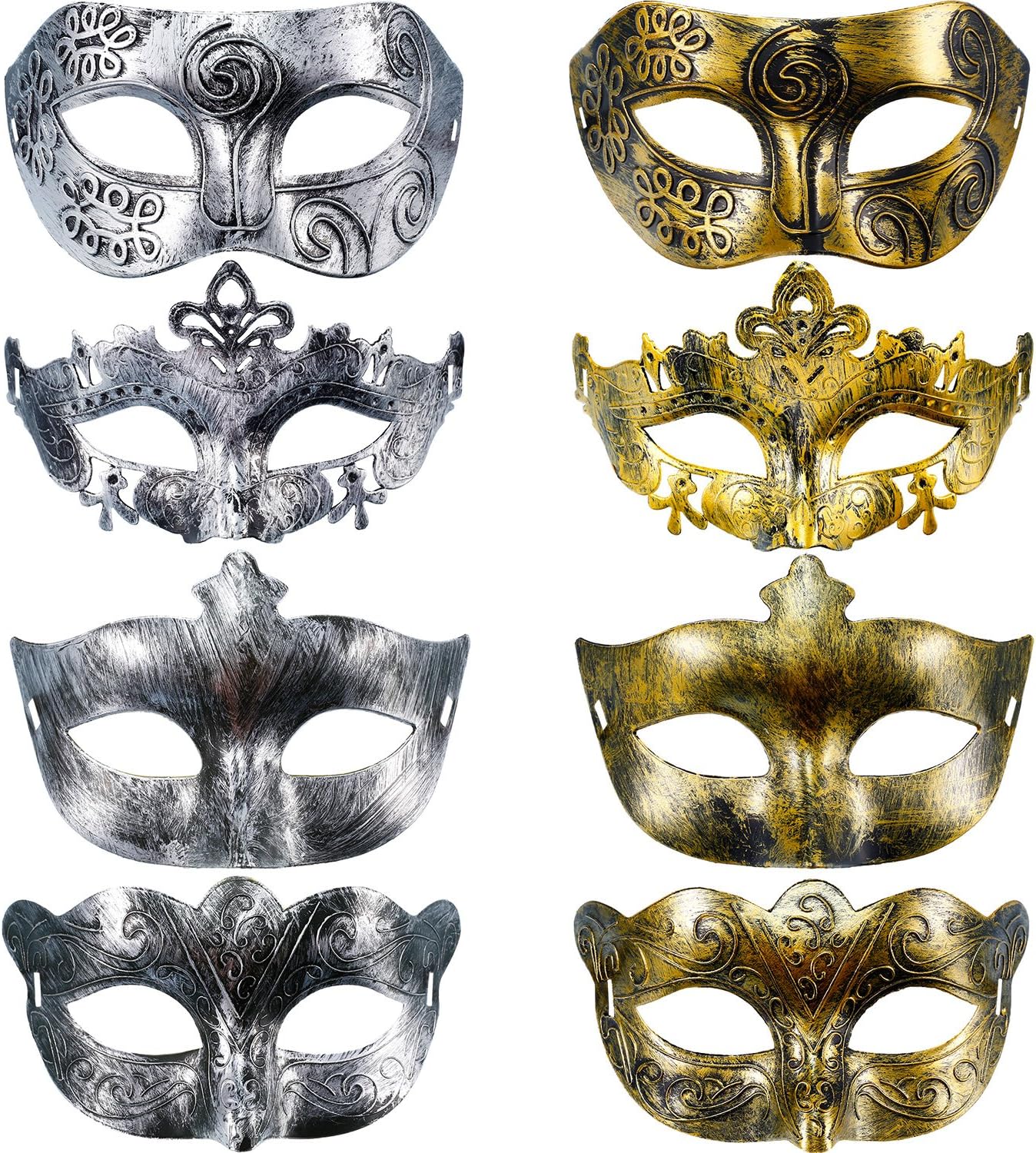 Hestya Pack of 8 Vintage Antique Masquerade Half Face Masks (Gold Silver)