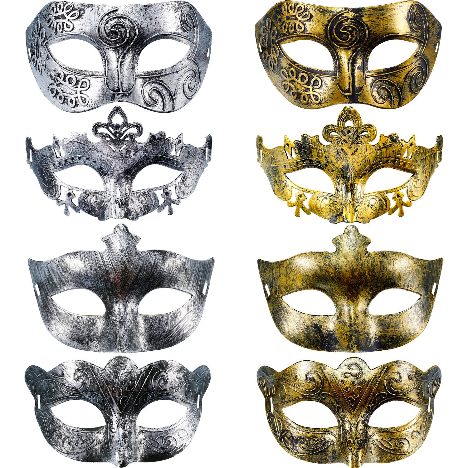 Hestya Pack of 8 Vintage Antique Masquerade Half Face Masks (Gold Silver)