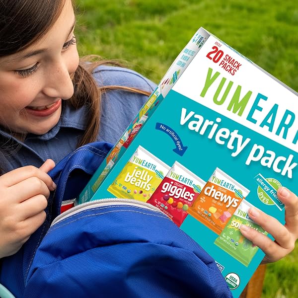 YUMEARTH ORGANIC VARIETY BOX – JELLY BEANS, GIGGLES, CHEWYS, SOUR LITTLES – ALLERGY FRIENDLY (TOP 9 FREE), NO ARTIFICIAL DYES, NON GMO, GLUTEN FREE, VEGAN -INDIVIDUALLY WRAPPED (PACK OF 20)