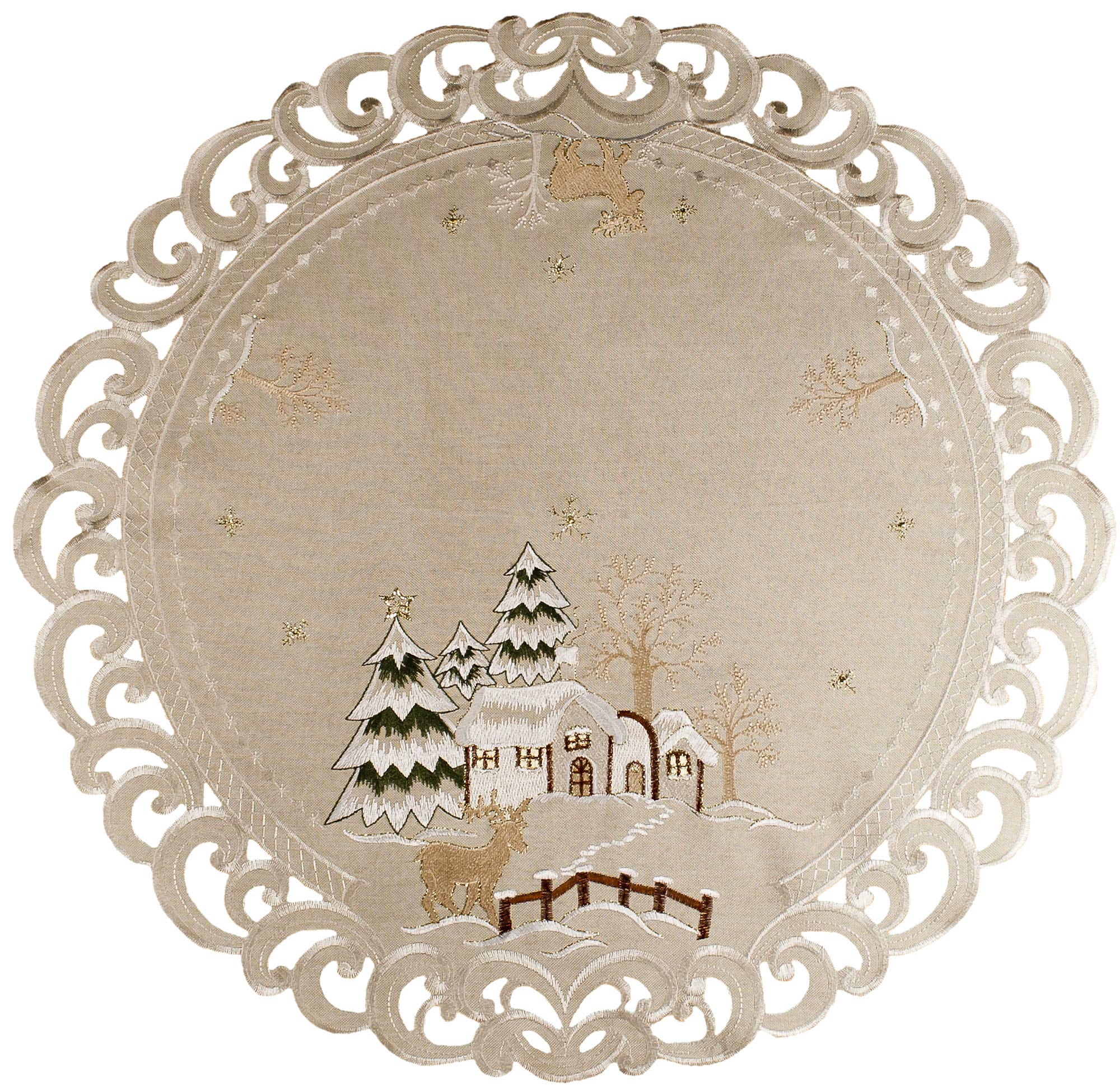Embroidered Rustic Beige Christmas Winter Snow Scene Round Doily, Placemat, Small Table Topper (24 Inch Round)