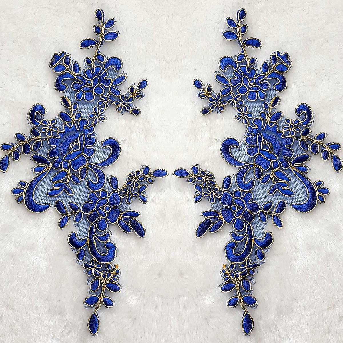 1 Pair Fine Lace Fabric Patches Embroidered Trim Applique Decor Dress Decoration (Blue+Golden)