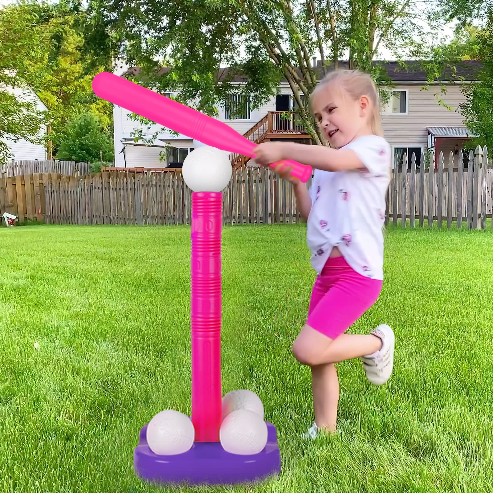 Liberry Adjustable T-Ball Set for Kids and Toddlers, Includes Kids Baseball Bat, Adjustable Height Tee Ball Stand, 4 Balls and Weighted Base, Sports Game Toy Gift for Boys Girls (Pink)