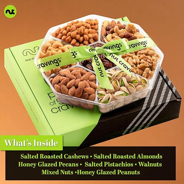 NUT CRAVINGS GOURMET COLLECTION – PURIM MISHLOACH MANOT MIXED NUTS GIFT BASKET + GREEN RIBBON (7 ASSORTMENTS, 1 LB) ARRANGEMENT PLATTER, BIRTHDAY CARE PACKAGE – HEALTHY KOSHER CORPORATE GIFTS