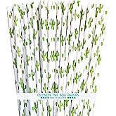 Cactus Themed Paper Straws - Green White Succulents - 100 Pack