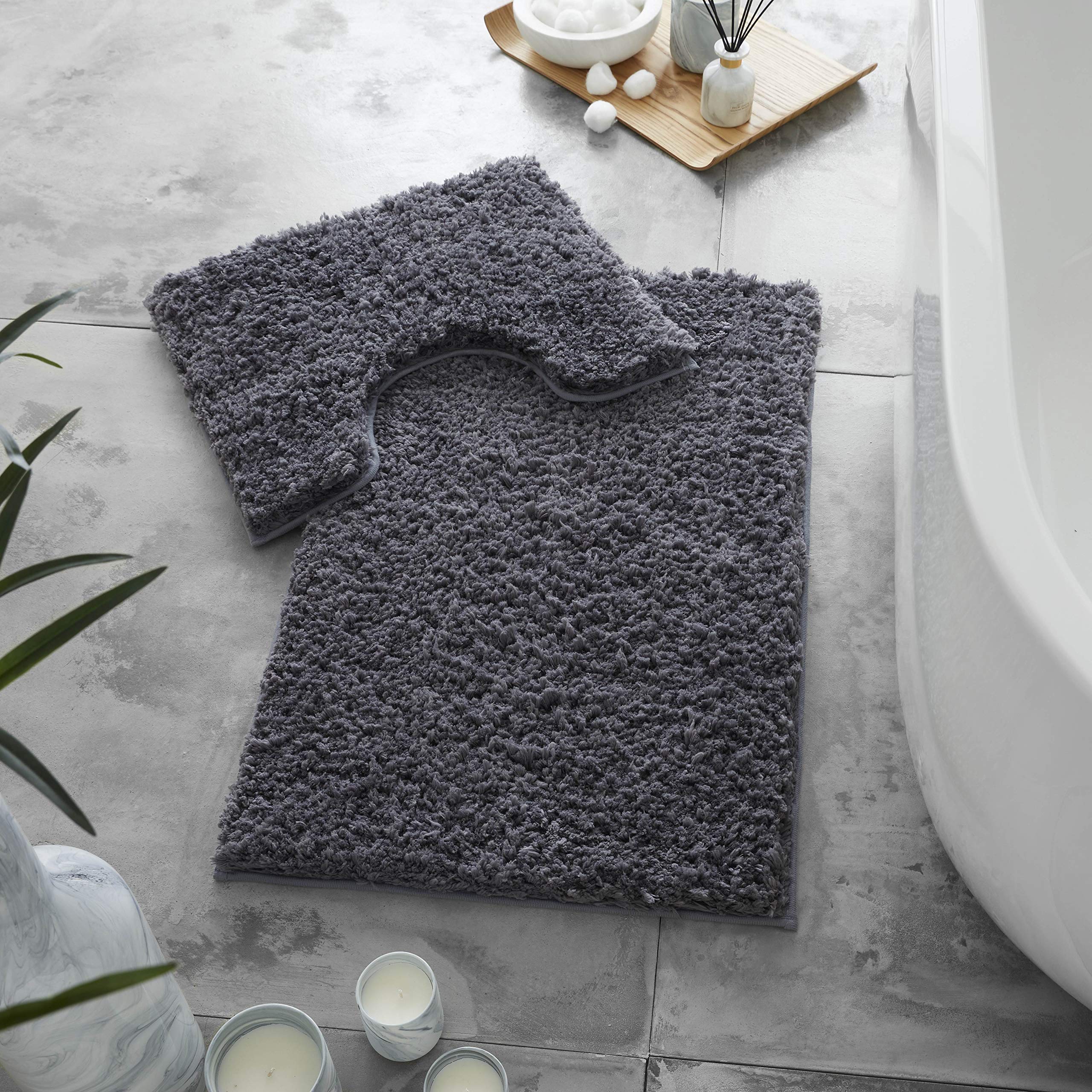GC GAVENO CAVAILIA Microfibre Bath Mats Sets For Bathroom 2 Piece - Pedestal Set Non Slip Quick Drying Shower Bath Mat, Water Absorbent Washable Toilet Rug - Charcoal