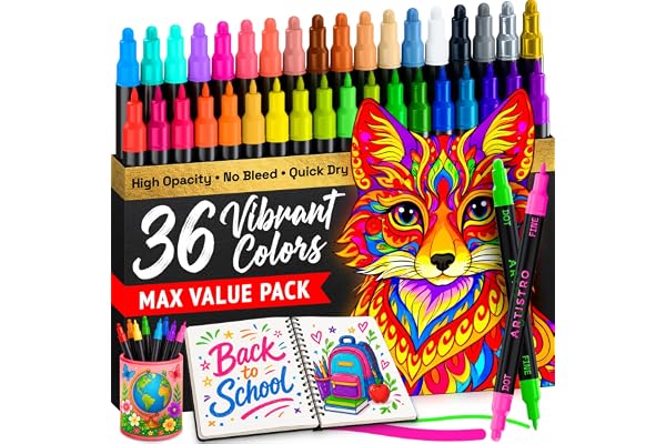 ARTISTRO 36 Precision Dual-Tip Acrylic Paint Markers – Paint Pens Set with Dot & Fine Tips for Fabric, Rock, Glass, Wood, Coloring Books – Arts & Crafts Gift – Classroom Must Haves & School Supplies