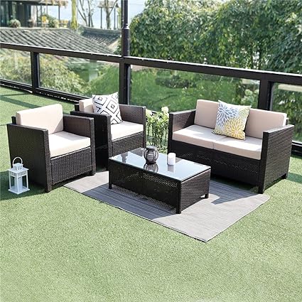Patio Furniture Accessories Patio Furniture Sets Wisteria Lane 5 Piece Outdoor Furniture Set Patio Sectional Sofa All Weather Wicker Chair Loveseat Glass Table Conversation Set Grey Patio Lawn Garden Patio Furniture