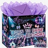 Kpop Birthday Gift Bag for Girls, Purple Neon K Pop Music Wrapping Paper | Includes Matching Card, Envelope and Tissue Sheets for Kids, Teens, Music Fans and Birthday Party Decoration