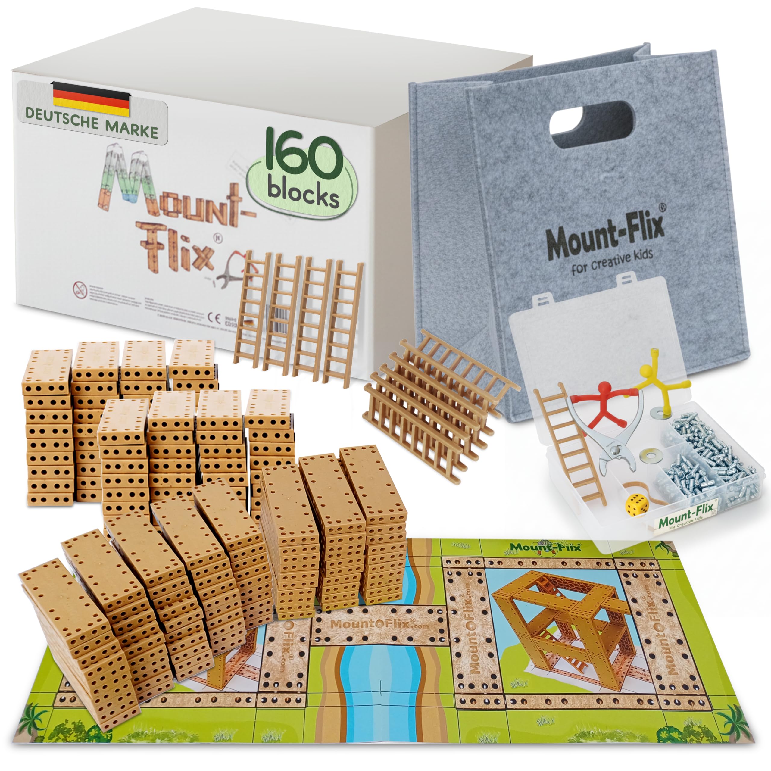 Mount-Flix Konstruktionsspielzeug 160 Flexible Bausteine ab 5 Jahre, Baukasten Lernspielzeug für Jungen Mädchen, Steckspiel inkl. Zange, Made in Germany, nachhaltiges Kreativspielzeug 6