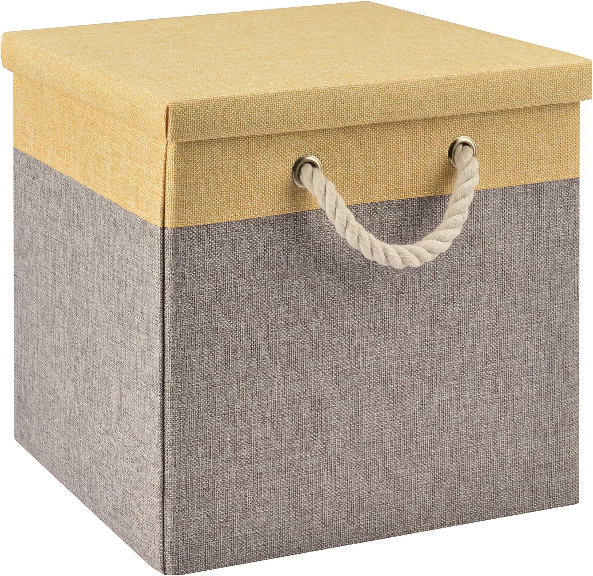 Collapsible Storage Cubes Bins 13"x13"13", Foldable Heavy-Duty Burlap Fabric Storage Box Basket Containers with Lids - Large Organizer Divider For Nursery Toys,Kids Room,Towels, Grey&Beige 1-Pack
