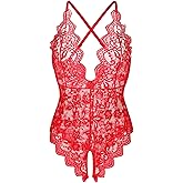 Donnalla Women's One Piece Teddy Plunging Lace Bodysuit Elegant Honeymoon Lingerie
