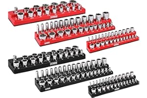 ARES 60057-6-Piece Magnetic Socket Organizers - Metric and SAE Set Black and Red -1/4 in, 3/8 in, 1/2 in Socket Holders -143 Pieces of Standard (Shallow) and Deep Sockets -Organize Your Tool Box