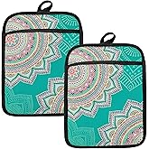 HUGANE Turquoise Abstract Mandala Floral Pot Holders for Kitchen, Boho Colorful Ethnic Flower Botanical Heat Resistant Hot Pads and Oven Mitts for Baking Cooking,379 potholder