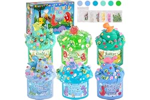LAWOHO 6 Pack Dinosaurs Slime Kit for Kids - Cloud, Butter, Clear Slimes with Glow in The Dark Add-ins, Green & Blue Dino Slime, Super Soft and Non-Sticky, Birthday Party Favor for Boys & Girls