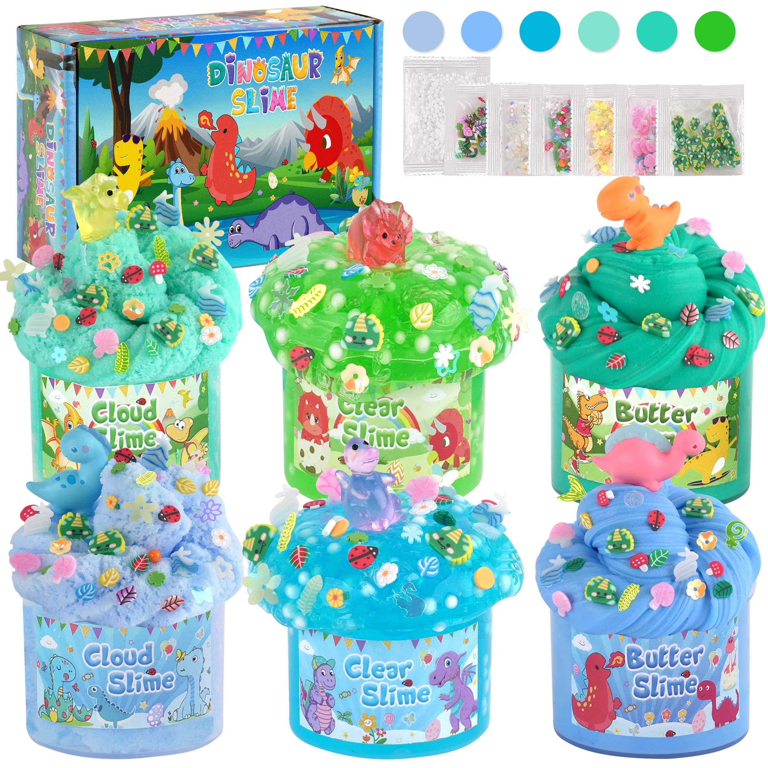 LAWOHO 6 Dinosaur Slime Set - Cloud & Butter, Clear & Fluffy Slime with Dinosaur Add-ins, 360 ml Blue & Green for Girls and Boys Christmas