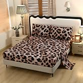 SDY 4 Pieces Cheetah Sheets，3D Leopard Print Sheets Full Included 1 FittedSheet with 14'' Deep Pocket + 1 Top FlatSheet + 2 Pillowcases for Adults（no Velvet, Just Velvet Look）
