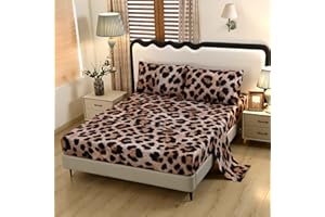 SDY 4PCS Cheetah Sheets，Leopard Print Sheets Full Included 1 FittedSheet with 14'' Deep Pocket + 1 Top FlatSheet + 2 Pillowcases for Kids Teens Adults（no Velvet, just Velvet Look）