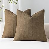 SINYASAN Decorative Linen Check Throw Pillow Covers Set of 2, 18"x18" Brown Neutral Cushion Covers, Farmhouse Vintage Modern Boho Home Decor for Sofa Chair Couch Bedroom