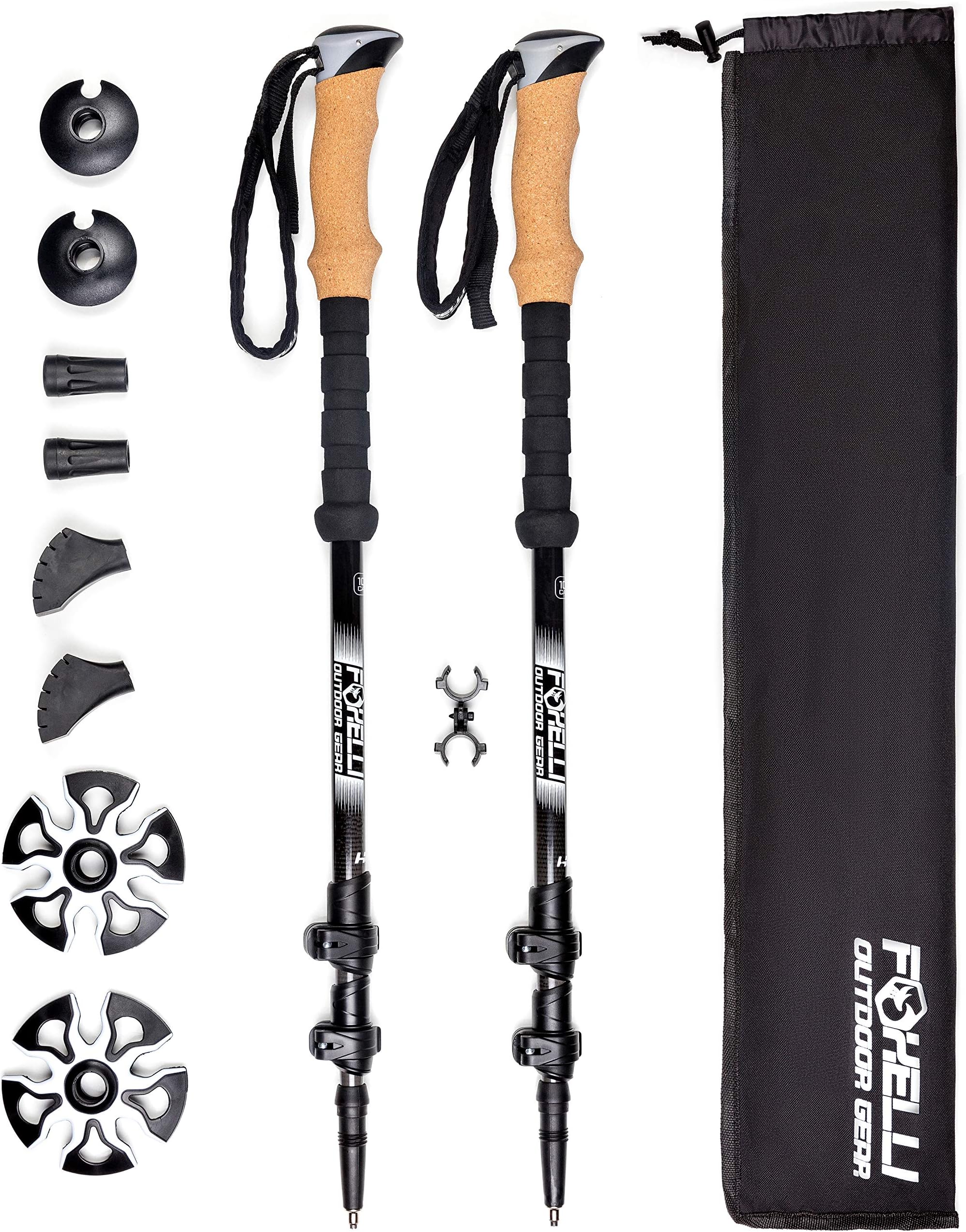 Foxelli Carbon Fiber Trekking Poles – Collapsible, Lightweight, Shock-Absorbent, Hiking, Walking & Running Sticks with Natural Cork Grips, Quick Locks, 4 Season/All Terrain Accessories and Carry Bag