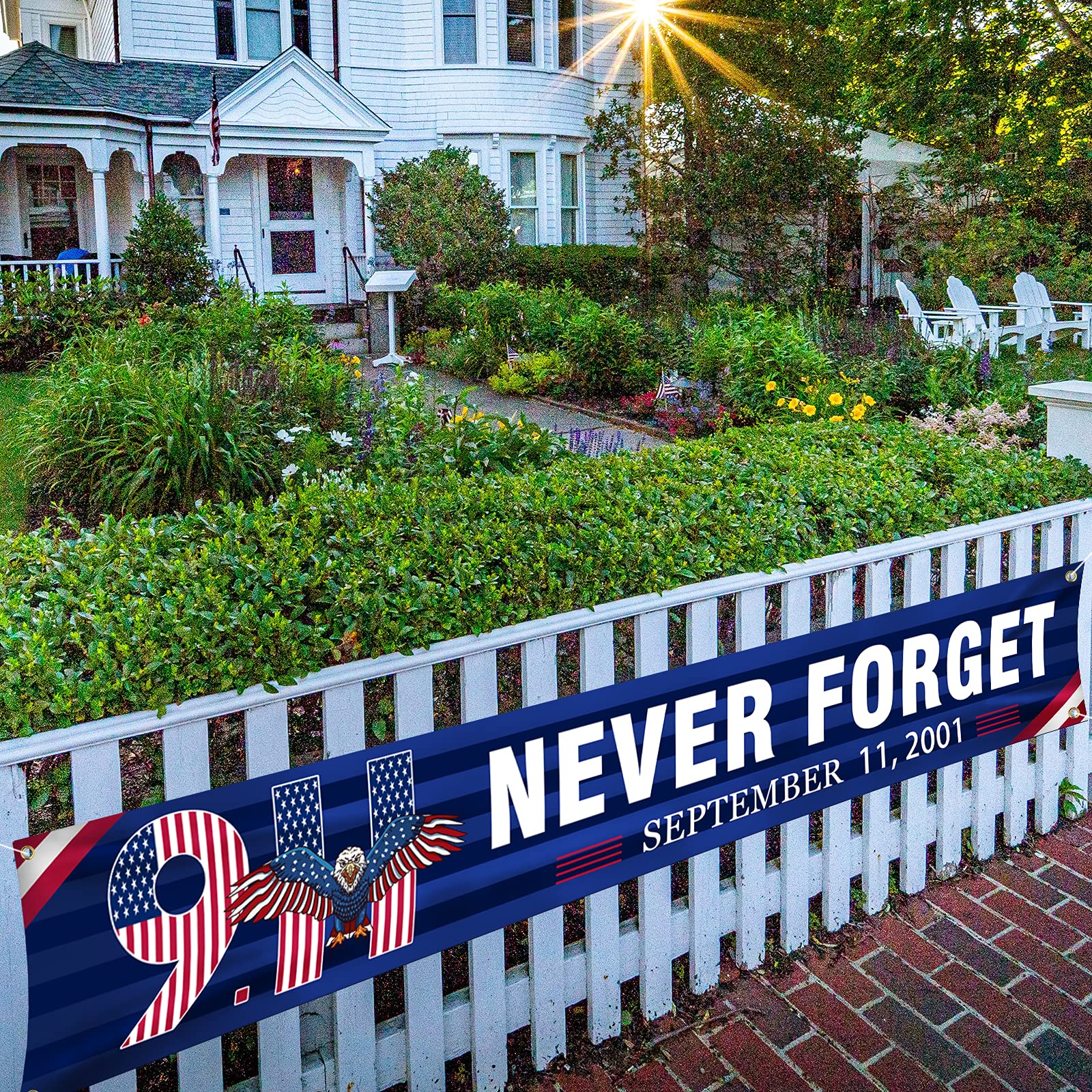 Photo 1 of Large We Will Never Forget 911 Memorial Banner-20th Anniversary 9/11 Banner-120" x 20"-with 4 Brass Grommets for Yard Fence Home Outdoor Decoration (colour 6)