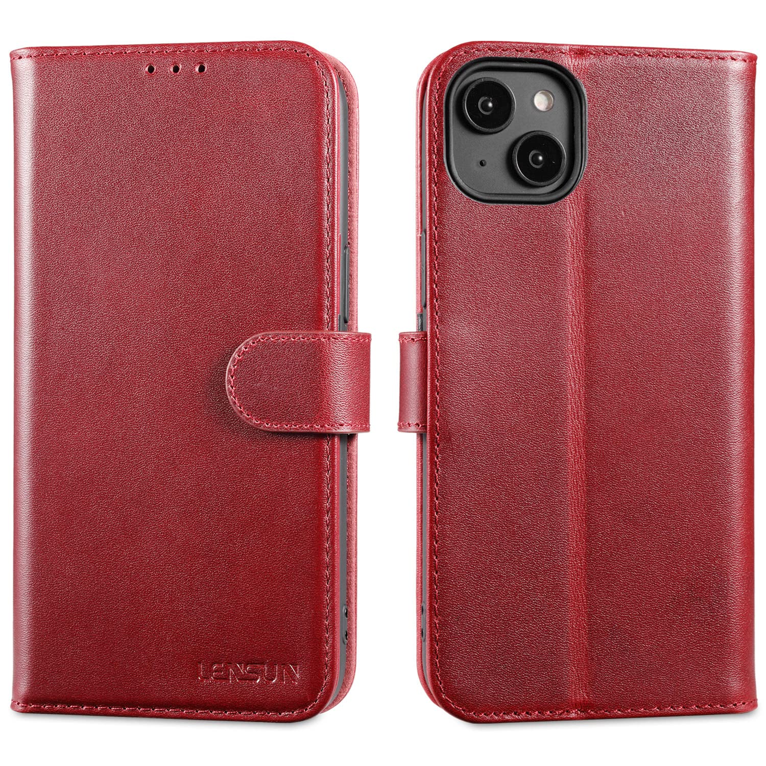 LENSUN Flip Case for iPhone 14 Plus, Genuine Leather Wallet Phone Cover [RFID Blocking] with Card Holder and Magnetic Closure Compatible with Apple iPhone 14 Plus 5G - Wine Red